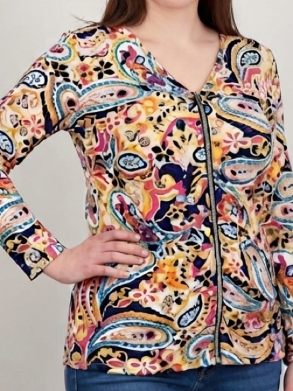 😍CLEARANCE - CHAGALL Stretch Long Sleeve Blouse Zipper Front Plus Size XL